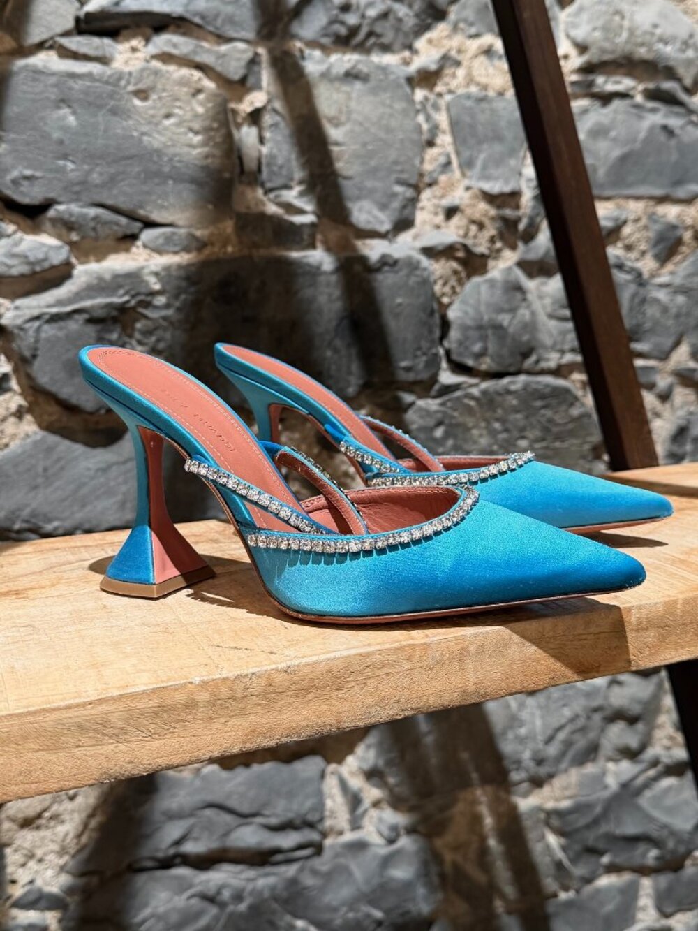 Amina Muaddi Blue Satin Crystals Embellished Gilda Heeled Mules